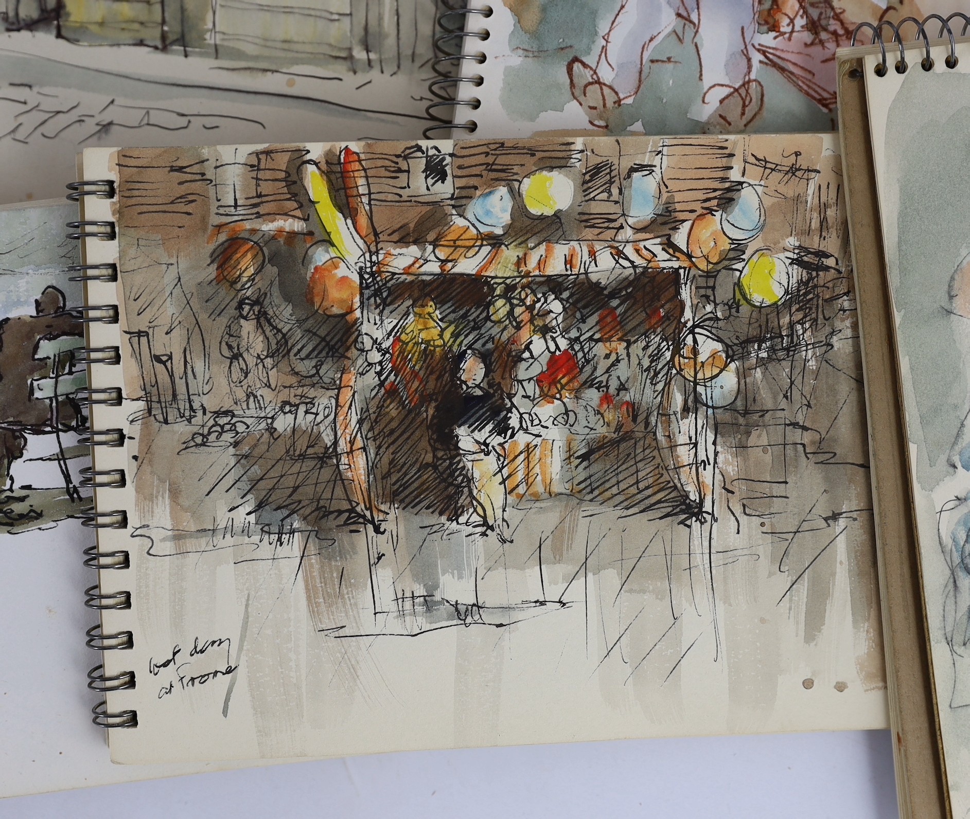 Roland Batchelor RWS, (British 1889-1990), Views of Switzerland, Belgium and Richmond, numerous ink sketches and watercolour studies contained within seventeen sketch books, largest 18 x 25cm